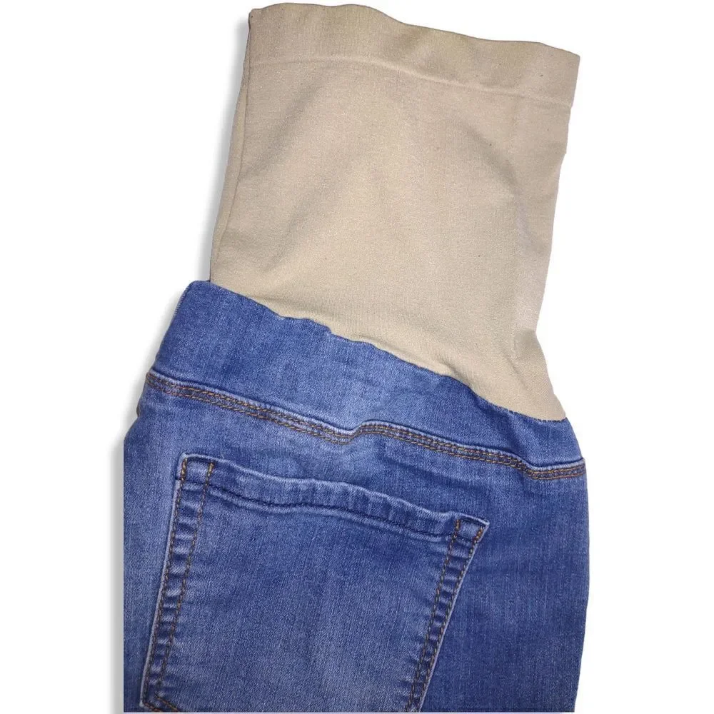 Bella‎ Vida Maternity Jeans Blue Distressed Floral Applique Pockets Full Elastic